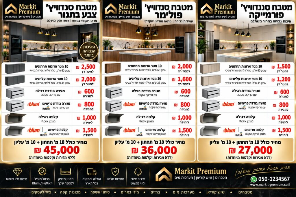 מחירון נגרות למטבח בהתאמה אישית – ארונות סנדוויץ׳ בגימור פורמייקה, פולימר, פורניר וצבע בתנור | Markit Premium