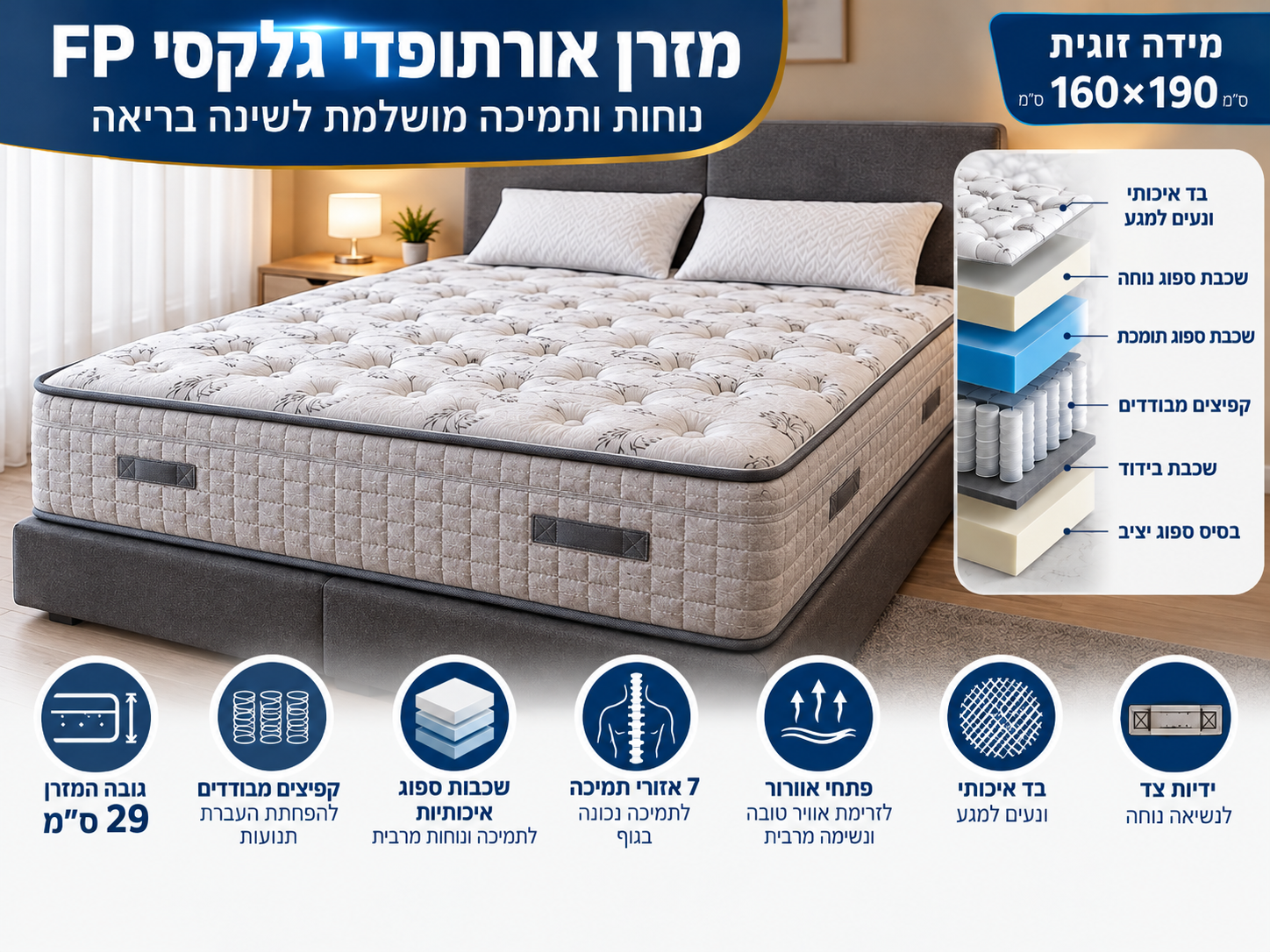 מזרן אורתופדי גלקסי FP זוגי 160×190 ס"מ – קפיצים מבודדים | 7 אזורי תמיכה | 15 שנות אחריות יצרן בכפוף לתנאים